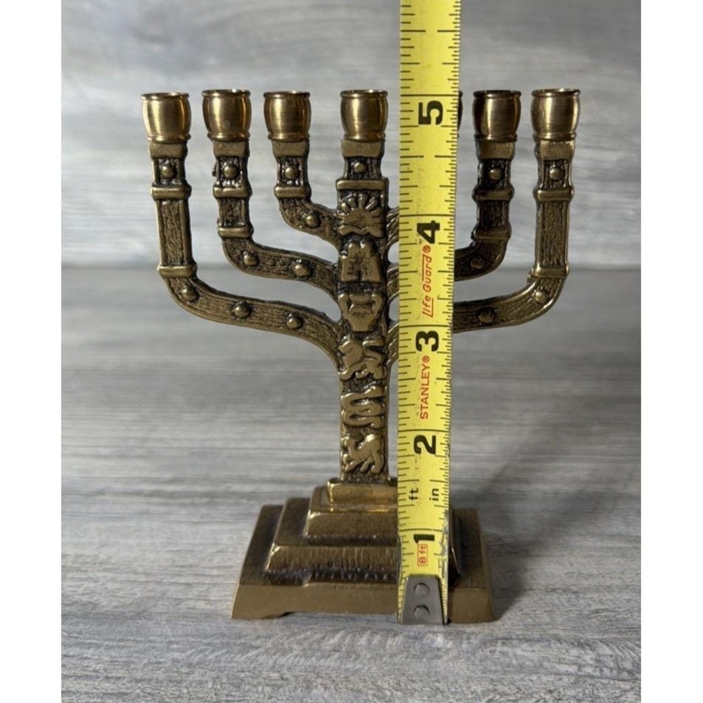 Vtg Brass Menorah Judaism 7 Branch Arms 5" x 4" Hen-Holon Israel Hanukkah - Picture 10 of 10